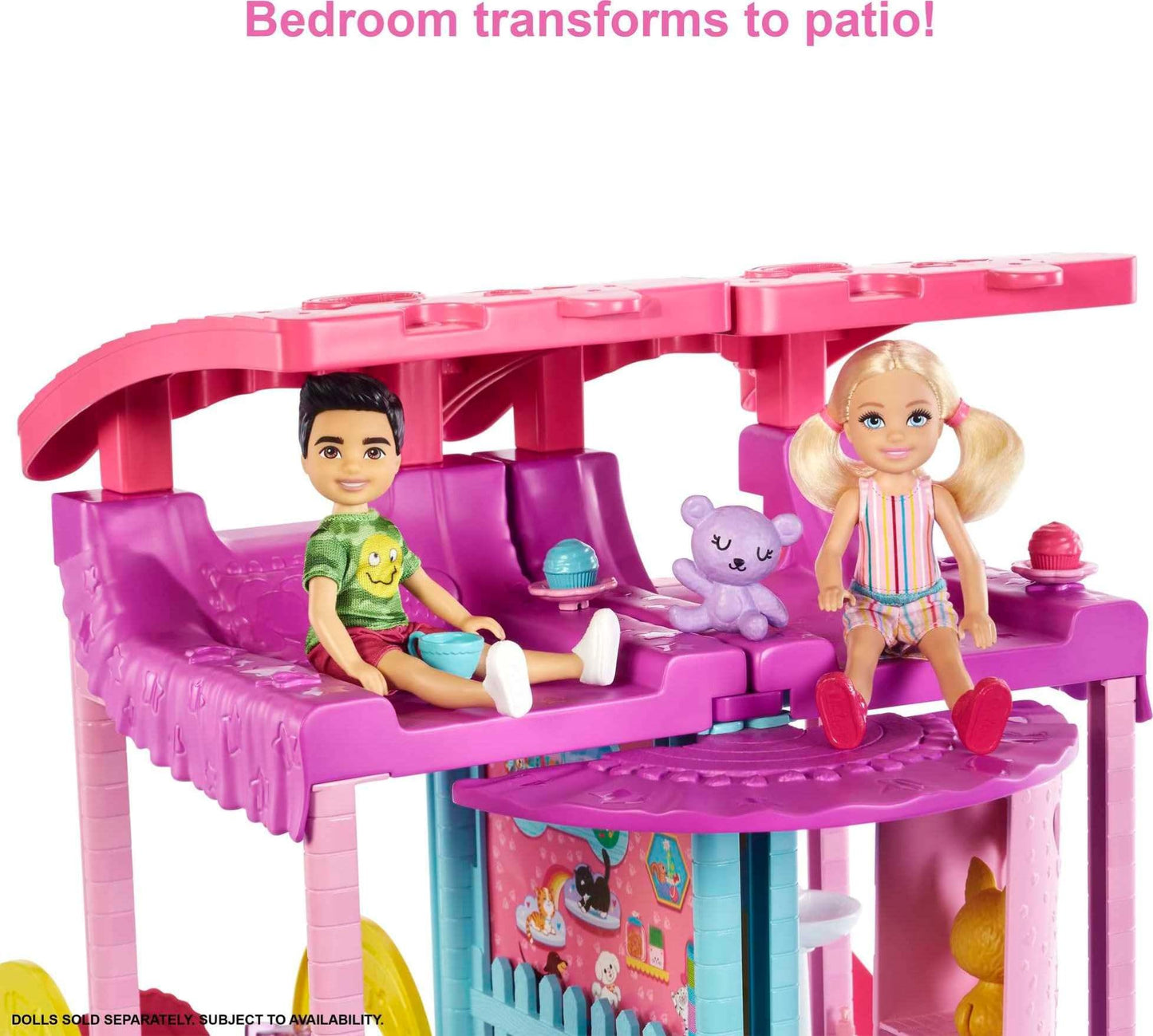 Barbie Chelsea Playhouse - 3 floors with transformation function, secret play areas, elevator, pool, slide, 2 pets, and over 20 accessories, for children ages 3 and up, HHX44.