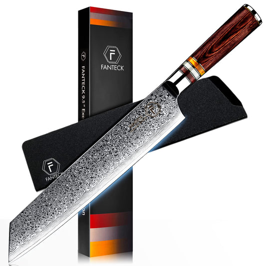 FANTECK 24cm Kiritsuke Damascus Knife Chef Knife Sharp Professional Chefmade Meat Fruit Gyuto Utility Knife 67 Layers VG-10 Damascus Steel Kitchen Knife [Gift Box] with Ergonomic Pakkawood Handle