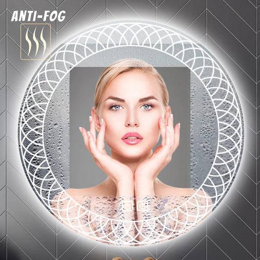YOSHOOT Bathroom Mirror with Lighting, 60cm Round Wall Mirror LED Lighting, Anti-fog Large Makeup Mirror, Touch Button Dimmable 3 Colors LED Light 6400K IP44 (Kaleidoscope)