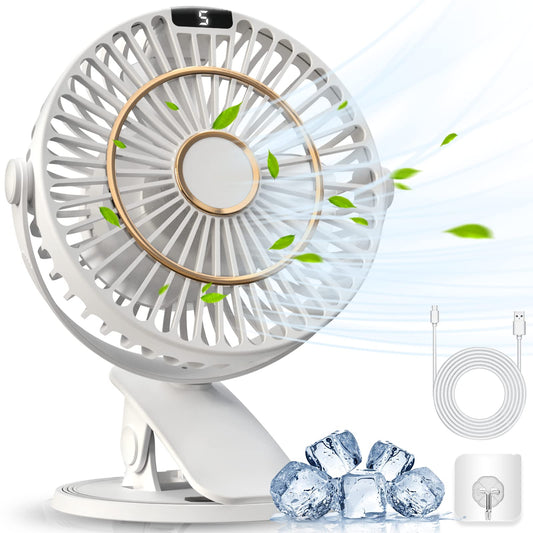 COZII Mini Fan, Clip Fan USB Fan Desk Fan Quiet with Battery, 5 Speeds 720° Rotation, 16cm Portable Table Fan for Home, Office, Outdoor, Travel (White)