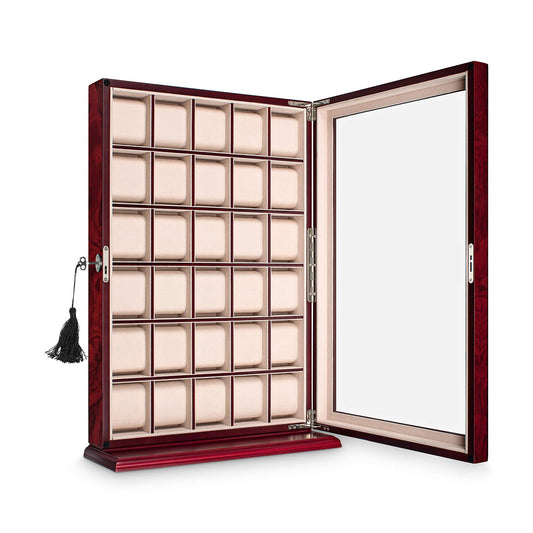 Hermann Jäckle - Watch display case Augsburg I Display case for 30 watches I Wooden watch box I Red watch case with Bubinga decor I Watch storage I Watch box for wristwatches I Lockable watch box