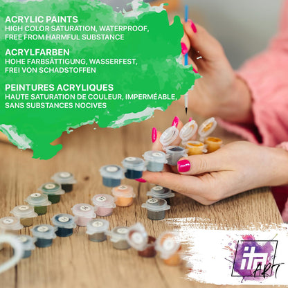 ITA Art Paint by Numbers Complete Set with Stretcher Frame, Acrylic Paints, Brushes, Accessories, Gift Box - DIY Painting Craft Kit with Canvas for Adults, 30x40 cm, Rainy Encounter