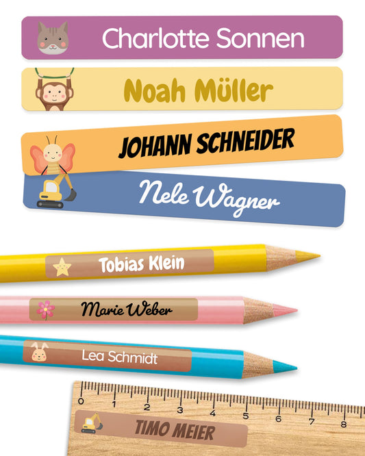 melu kids® personalized name stickers for school & daycare (225 pieces) - Waterproof labels with names for pens and all school supplies - Dishwasher safe (color mix)