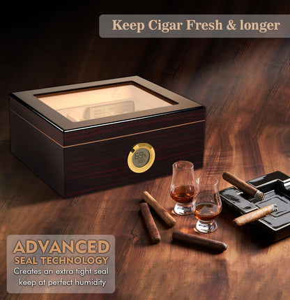 Slege Cigar Humidor, Handmade Humidor with Spanish Cedar, Digital Hygrometer, Humidifier, Divider, Gift for Men (30-50 Cigars)