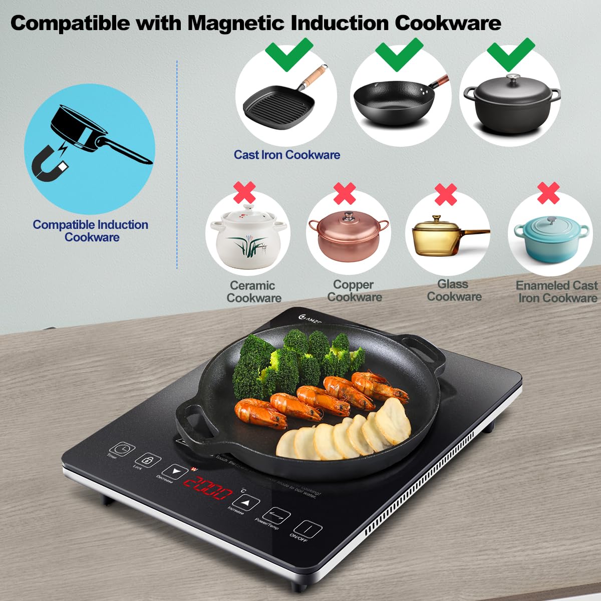 Induction cooktop 1 burner, AMZCHEF induction hot plate with ultra-thin design, 20 temperature levels and 20 power settings, 2000W induction cooktop with 3-hour timer, safety lock.
