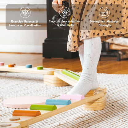 BanaSuper Wooden Toddler Balance Beam Colorful Obstacle Stones Montessori Toy for Kids Balance Training Gymnastics Obstacle Children Balance Board (Balance Beam with Stepping Stones)
