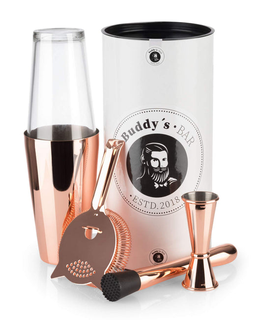 Buddy's Bar - "Boston Bar Set", 700 ml, Boston cocktail shaker, jigger, muddler, strainer, food-safe, bar set includes gift box, polished copper.