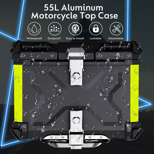 Motorcycle top case, 55L top case for scooter Waterproof top case Aluminum motorcycle trunk Travel motorcycle case with security lock for motorcycle helmet Helmet, Waterproof motorcycle top box (Black)