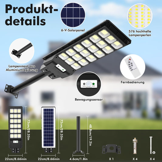 Viugreum 600W Solar Street Light with Motion Sensor, 6500K LED Solar Lantern with Remote Control IP65 Waterproof Street Lamp Outdoor Street Light suitable for streets, courtyards, gardens.