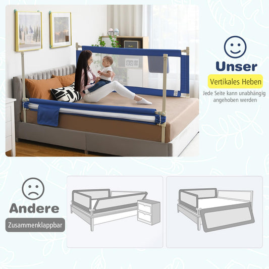COSTWAY bed rail 175 cm, bed guardrail lockable with 24 adjustable heights & side pocket, fall protection bed & box spring bed for baby & toddlers (175cm, blue)