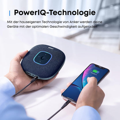 Anchor PowerConf S3 Bluetooth speakerphone features 6 mics, improved voice pickup, 24-hour call time, app control, Bluetooth 5, USB C, and compatibility with popular platforms. Ideal for home offices.