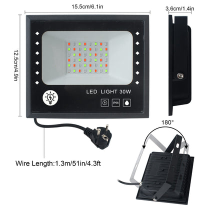 CREATESTAR RGB floodlight 30W, RGB LED floodlight with 16 million colors 28 modes color change dimmable, remote control and APP control RGB floodlight IP66 waterproof outdoor spotlight for garden party tree