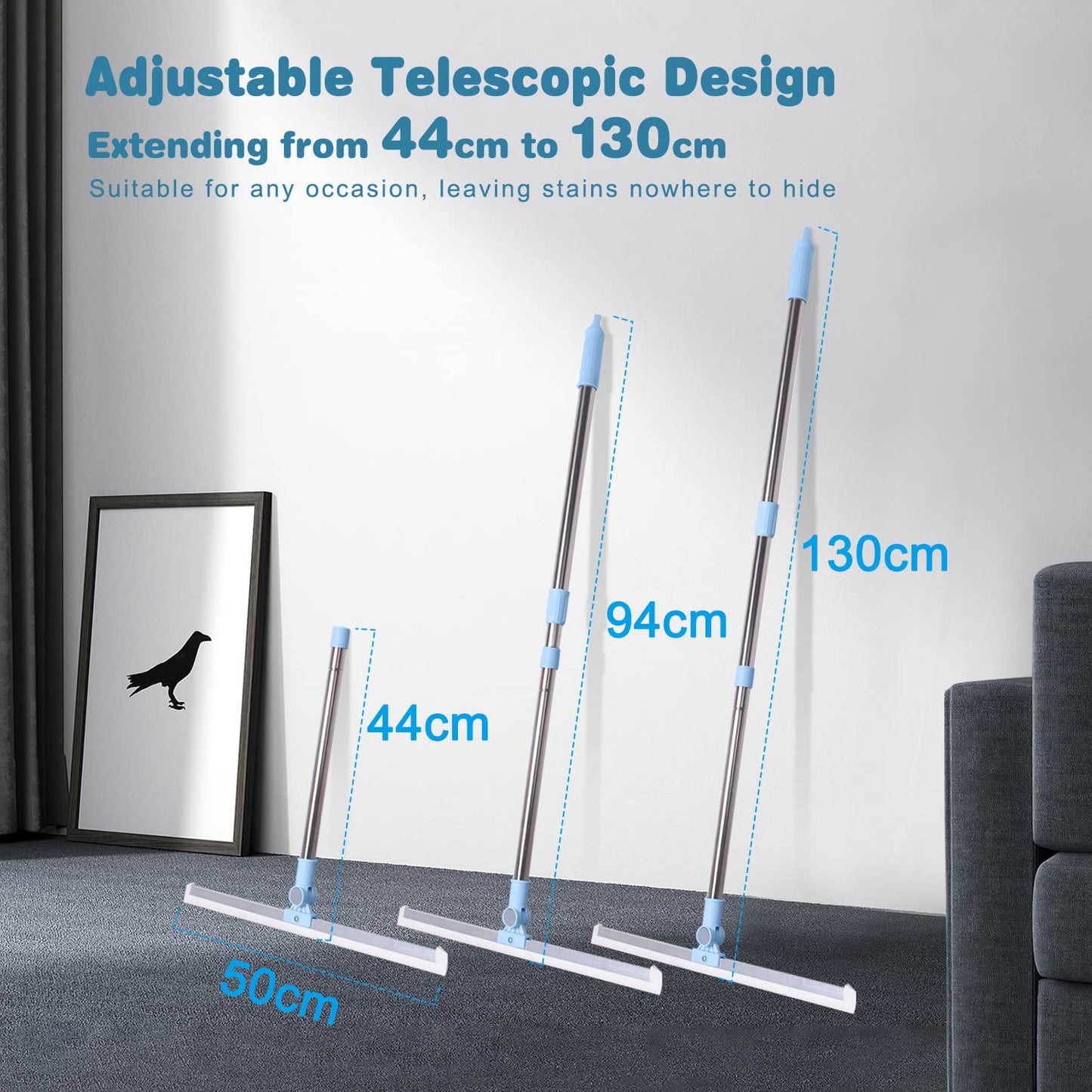 Wiseten water squeegee floor wiper - squeegee floor shower with extra durable 50cm rubber blade, telescopic handle 130cm water squeegee window squeegee for wood, glass, concrete, tile shower
