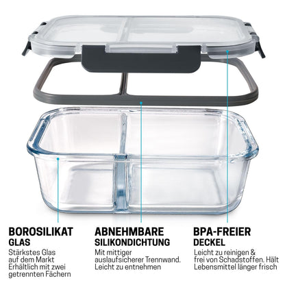 Igluu Meal Prep Glass Food Storage Containers with BPA-free lid (3-pack) - microwave, oven, freezer, dishwasher safe, leak-proof - 980 ml - with 2 compartments - durable borosilicate glass