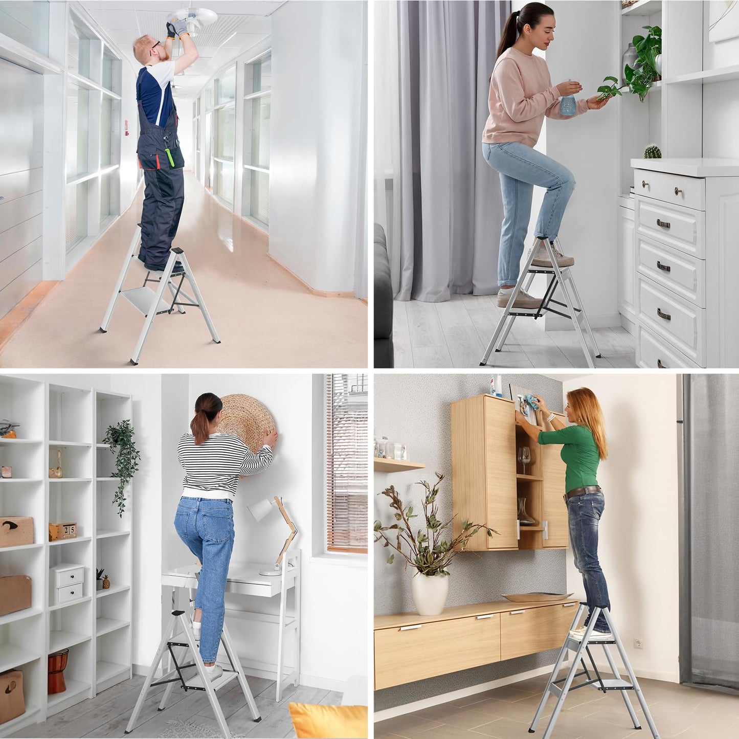 TLGREEN Aluminum Step Ladder 2-Step Folding Ladder Non-Slip Standing Ladder Household Multifunctional Step Stool Easy to Store up to 150kg Capacity for Kitchen Household Outdoor Office Silver