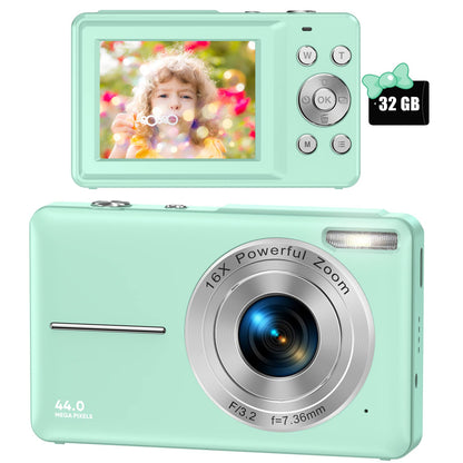 Digital camera 44MP 1080P HD photo camera with 32GB card, compact camera 16X digital zoom with 2 rechargeable batteries, camera for kids, teenagers, beginners, boys, girls (green)