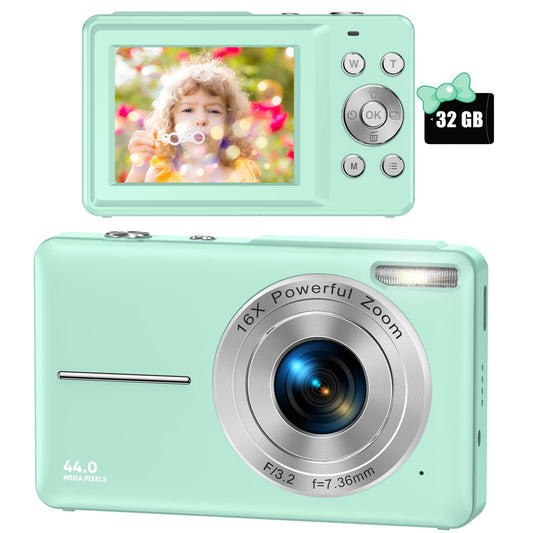 Digital camera 44MP 1080P HD photo camera with 32GB card, compact camera 16X digital zoom with 2 rechargeable batteries, camera for kids, teenagers, beginners, boys, girls (green)