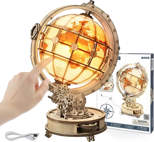 3D wooden puzzle for adults, wooden model light-up globe model kit with LED light. Rotating luminous globe wooden construction set as decoration, gift (180 pieces)