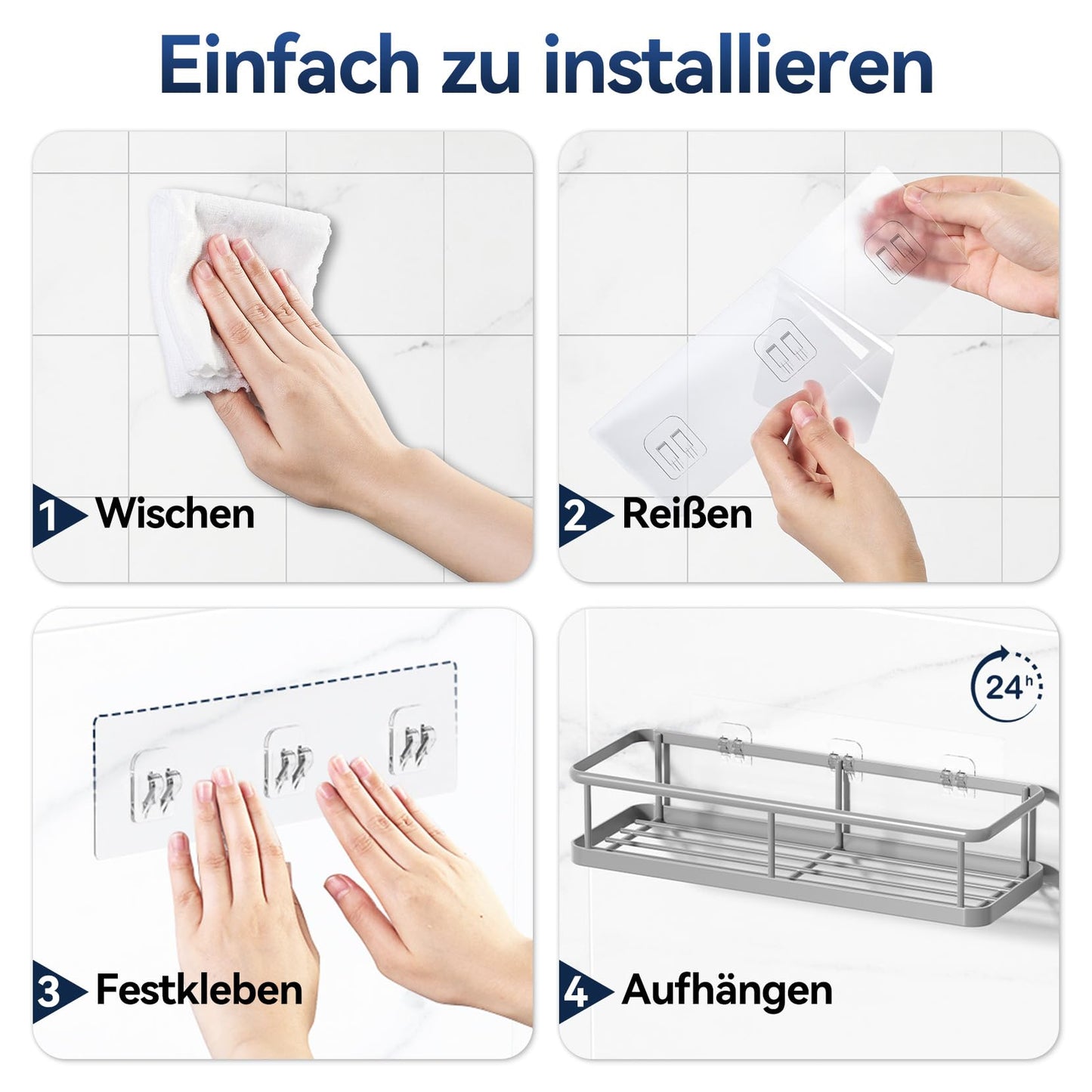 YASONIC shower caddy without drilling, bathroom organizer, shower shelf without drilling, shower holder without drilling shampoo holder for shower, bathroom shelf without drilling with 4 removable hooks, grey.