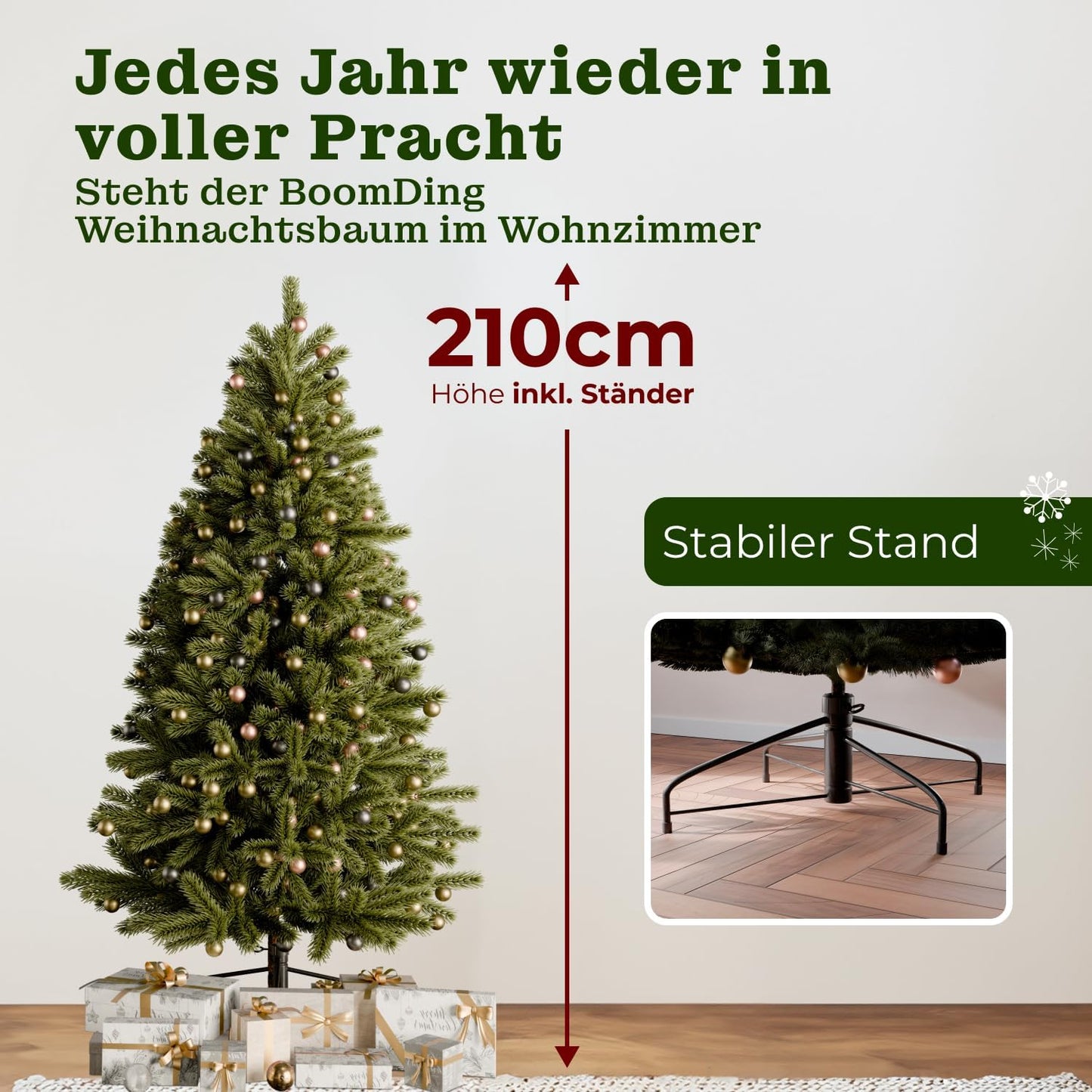 Artificial Christmas tree with lighting - [100% injection molding] - 210 cm high with 500 LEDs - lifelike fir tree - with integrated string lights - Christmas tree with stable metal stand