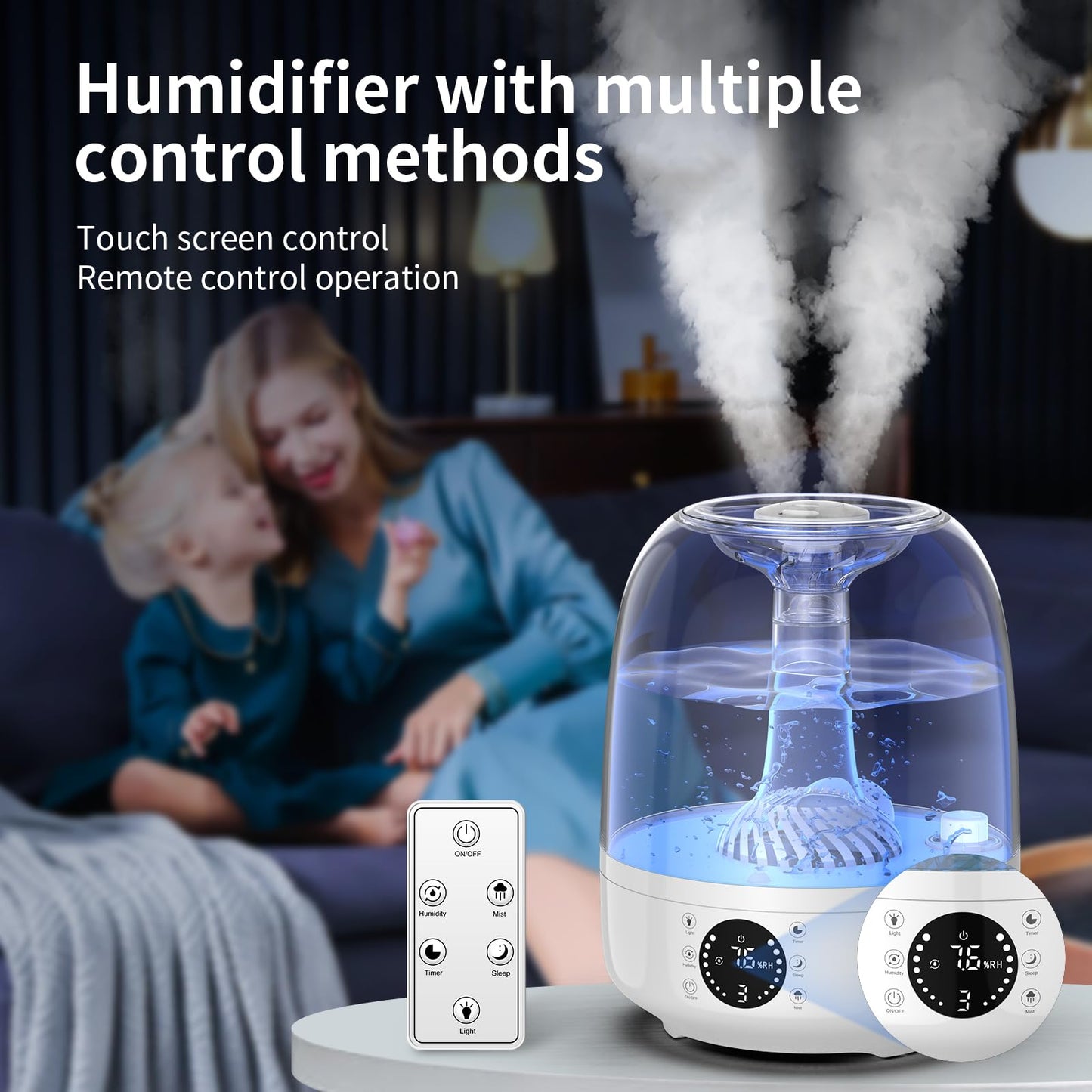 4L top fill humidifier bedroom, 28dB 35H room humidifier with 360° rotatable nozzle, remote control, timer, RGB color night light humidifier for nursery, office, baby.