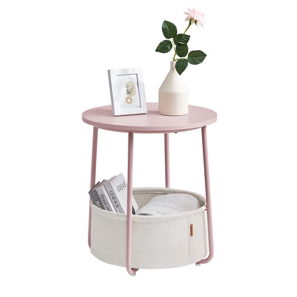 VASAGLE Round Side Table, Small End Table, Small Coffee Table, Living Room Table, Fabric Basket, Storage for Living Room Bedroom, Modern Nightstand, Pastel Pink-Cream White LET223R61