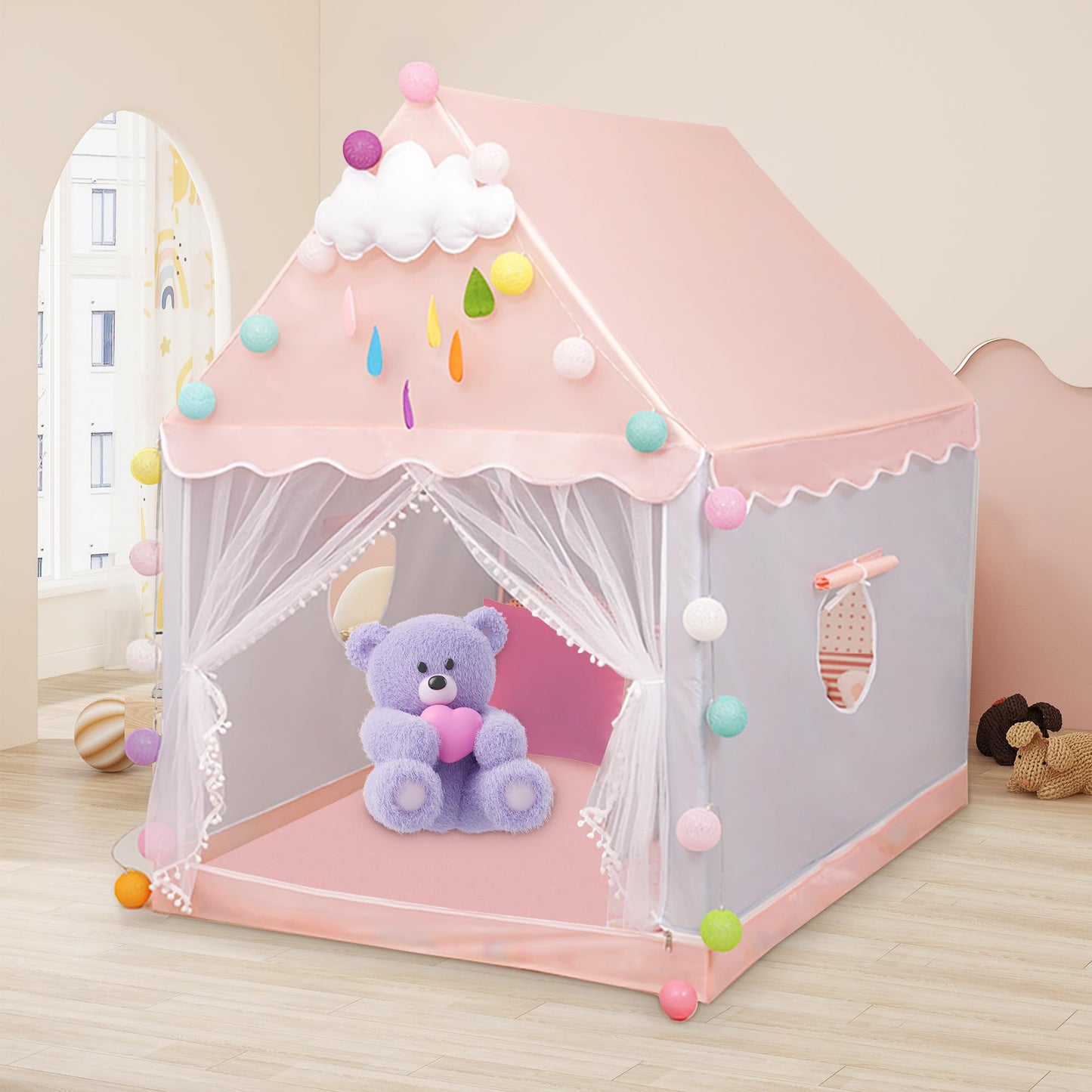 Children's play tent with star lights, girls' princess castle tent, indoor play tent with ball lights and cloud decorations. Dimensions 120x110x130cm.