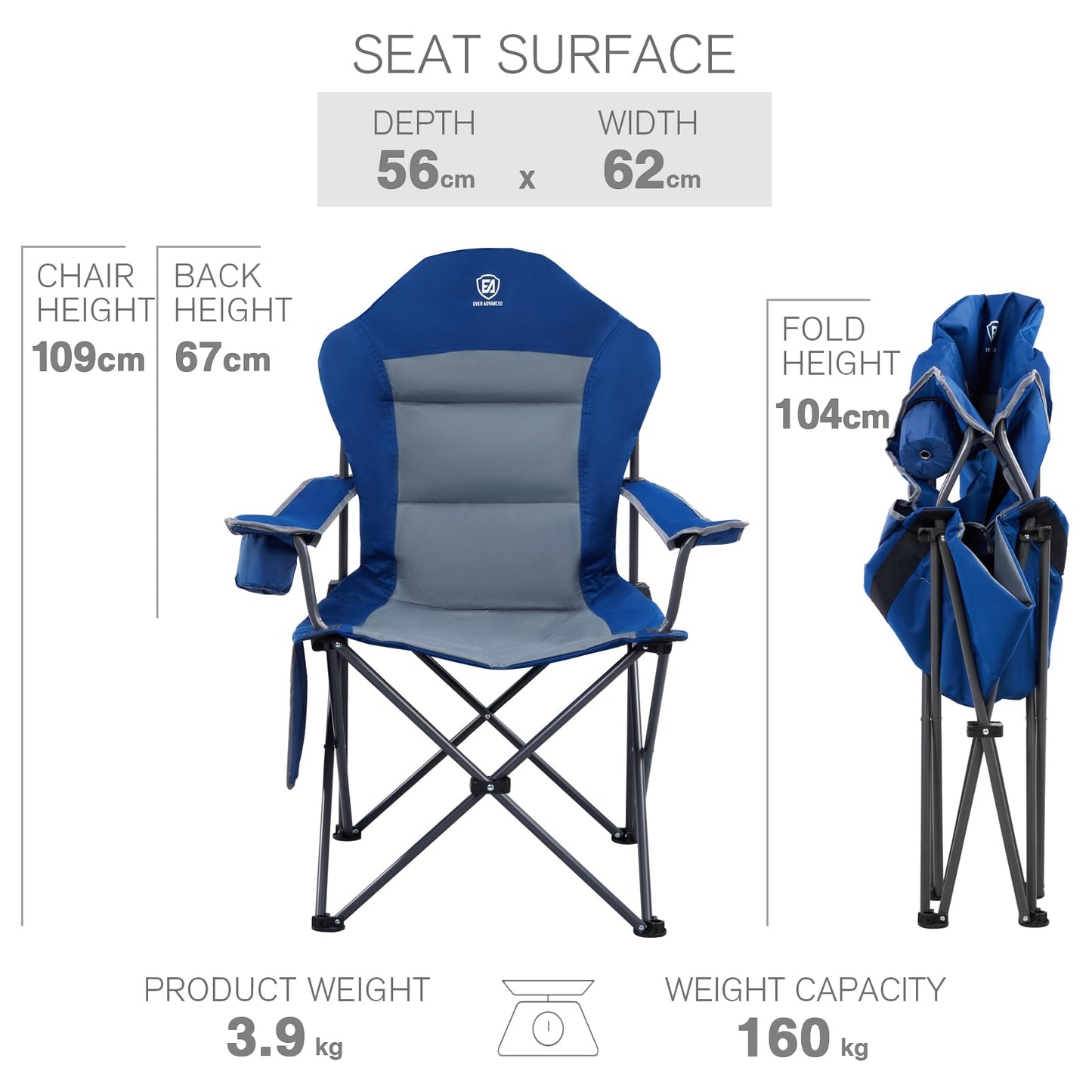 EVER ADVANCED Luxury Camping Chair Foldable 160KG Capacity Ultra Large with High Backrest, Comfortable Folding Chair with Side Pockets & Cup Holder for Camping Garden Balcony Fishing, Outdoor Chair Fishing Chair