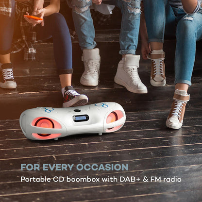 auna Spacewoofer DAB Boombox with CD player - portable speaker, music box, 40 watts, FM radio, DAB+, Bluetooth, USB, AUX IN, LED light effects, can be powered by mains or batteries, includes remote control, white