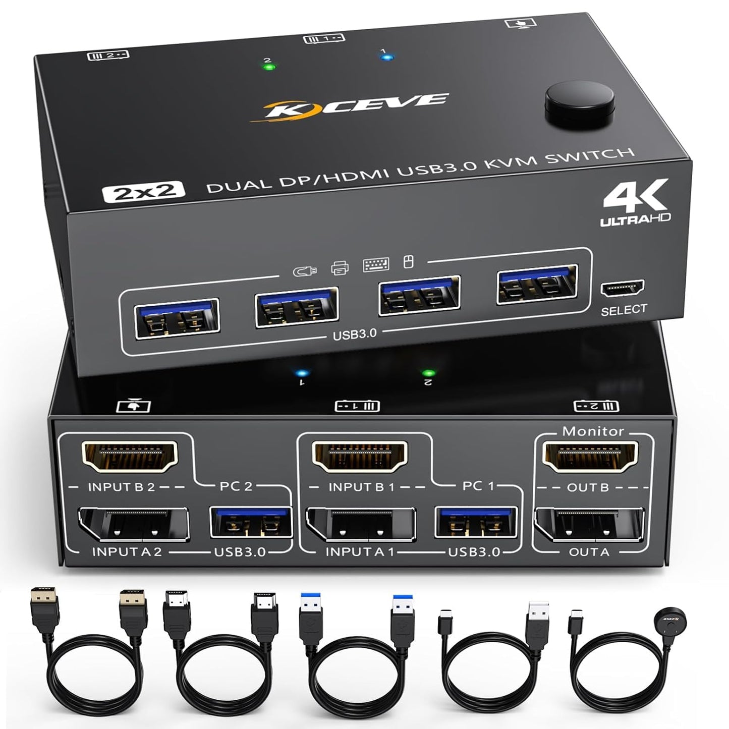 DP + HDMI KVM switch for 2 computers and 2 monitors. KCEVE dual monitor DisplayPort USB 3.0 KVM switch supports 4K@60Hz for sharing keyboard, mouse, and monitor between 2 computers.