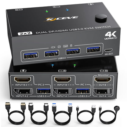 DP + HDMI KVM switch for 2 computers and 2 monitors. KCEVE dual monitor DisplayPort USB 3.0 KVM switch supports 4K@60Hz for sharing keyboard, mouse, and monitor between 2 computers.