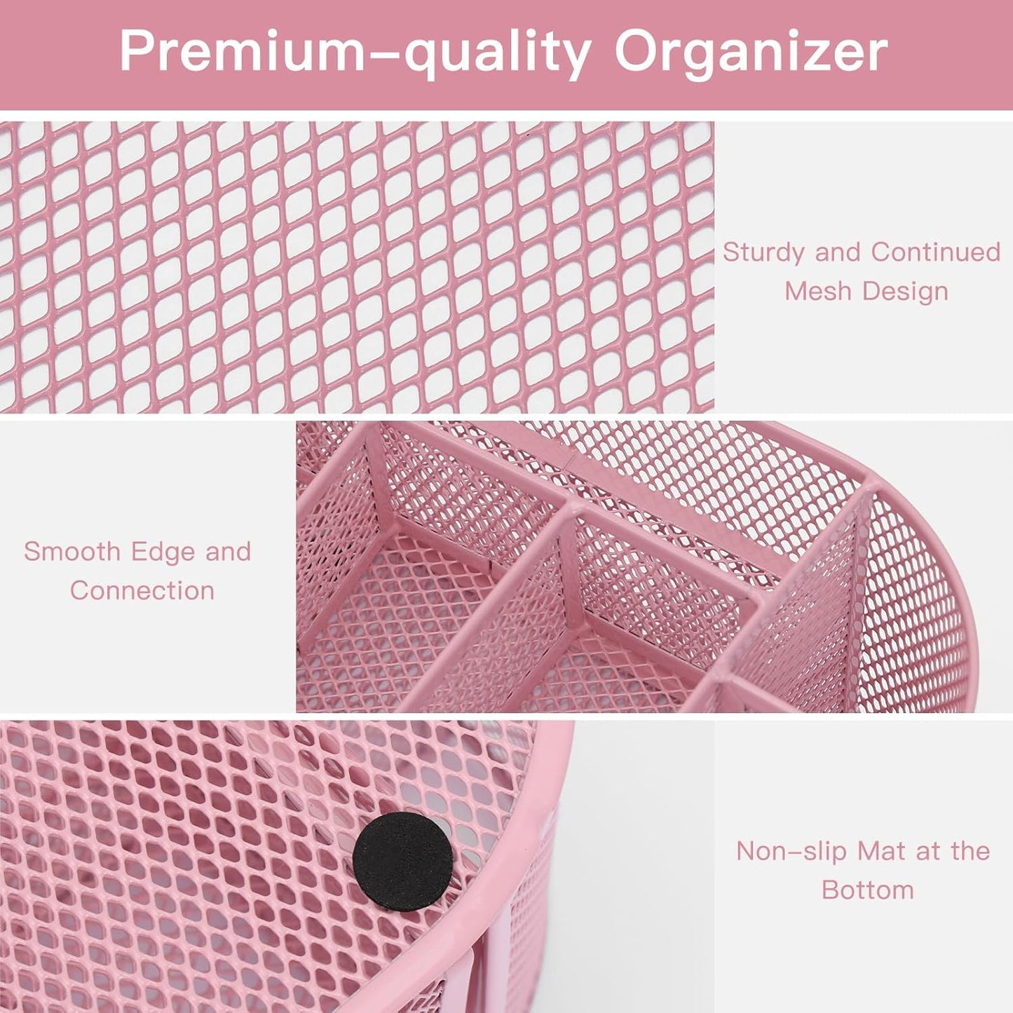 DHGKVK Desk Organizer, desk pen holder, Mesh Metal Desktop Office Organizer with 8 pen holders and 1 drawer, saves space at home, school, or office. (Pink)