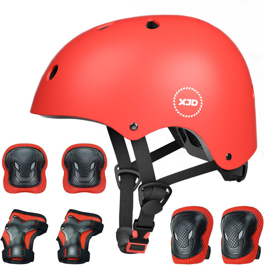 XJD Kids Bike Helmet Protective Gear Set (7 pcs) Children's Helmet with Knee, Elbow, and Wrist Guards Adjustable Protection Youth Skater Helmet for 3-13 Years Old (Red Set, M: 55-57 cm)