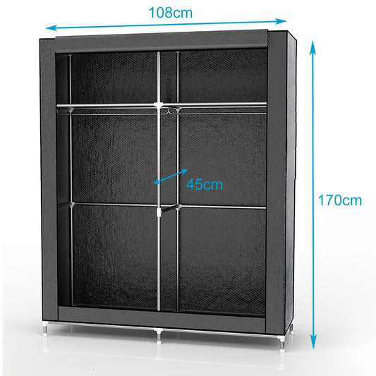 INTIRILIFE Folding Wardrobe 108x45x170 cm in GREY - Fabric wardrobe with zipper and clothes rail, side pocket and compartments - Shelving unit, metal frame, storage.