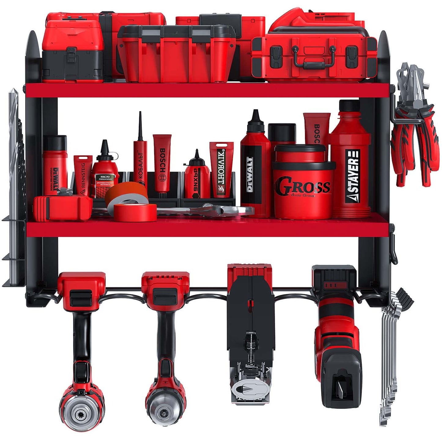 Tool storage drill holder Wall mounted cordless hammer drill 4 slots Heavy duty electric drill storage rack Screwdriver organization tool holder tool rack (Red)