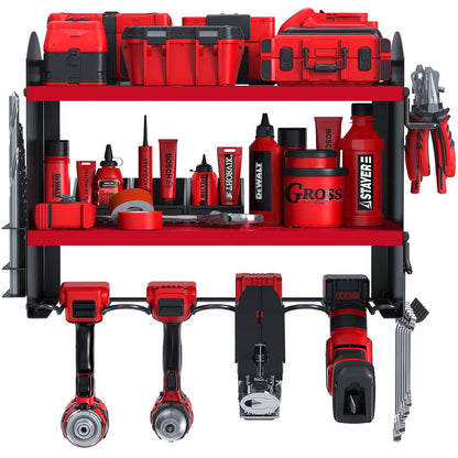 Tool storage drill holder Wall mounted cordless hammer drill 4 slots Heavy duty electric drill storage rack Screwdriver organization tool holder tool rack (Red)