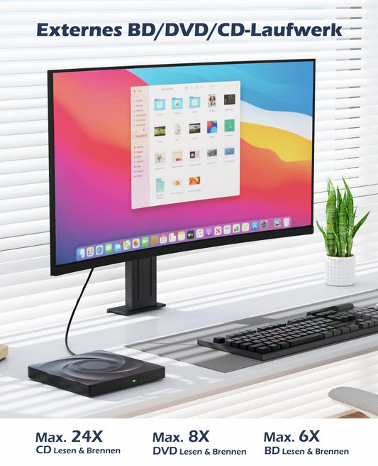 External Blu-ray drive with USB 3.0 and Type-C connectivity. Compatible with Windows, MacOS laptops, and desktops. Perfect for burning CDs/DVDs and playing Blu-ray movies.