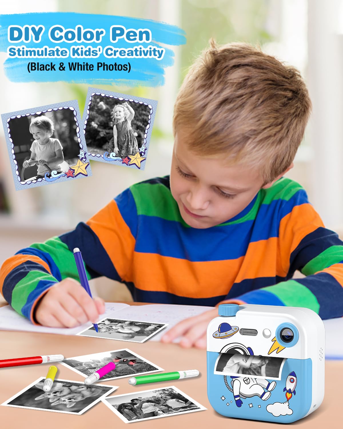 GREENKINDER Instant Camera for Kids, 2.4 Inch Screen Kids Camera with 32G Card & Printing Paper & Colorful Pens, Instant Camera Black and White Photo Camera, Gift for Kids 3-12 Years