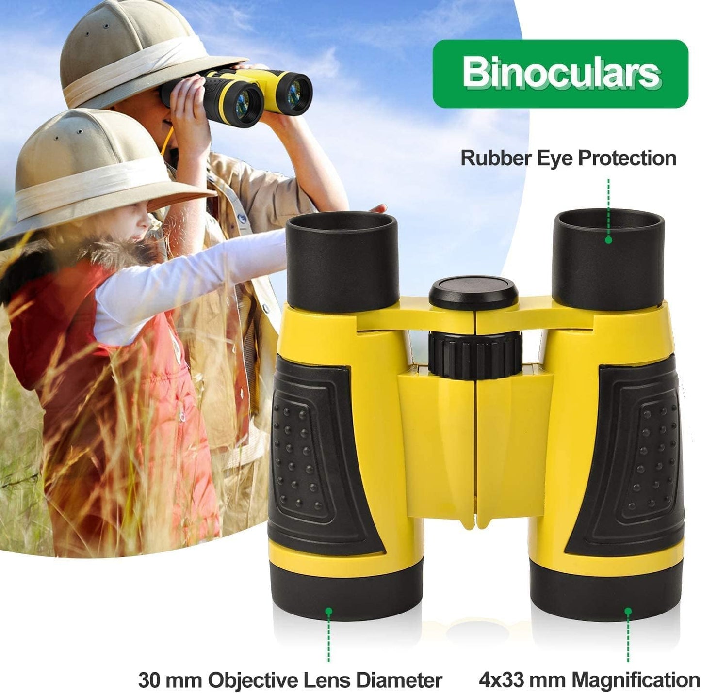 Kizplays® Kids Explorer Kit with Binoculars 22 Piece Set includes Bug Catcher, Compass, Magnifying Glasses, Microscope. Great camping, adventure gift for outdoor play. Ages 3-9.