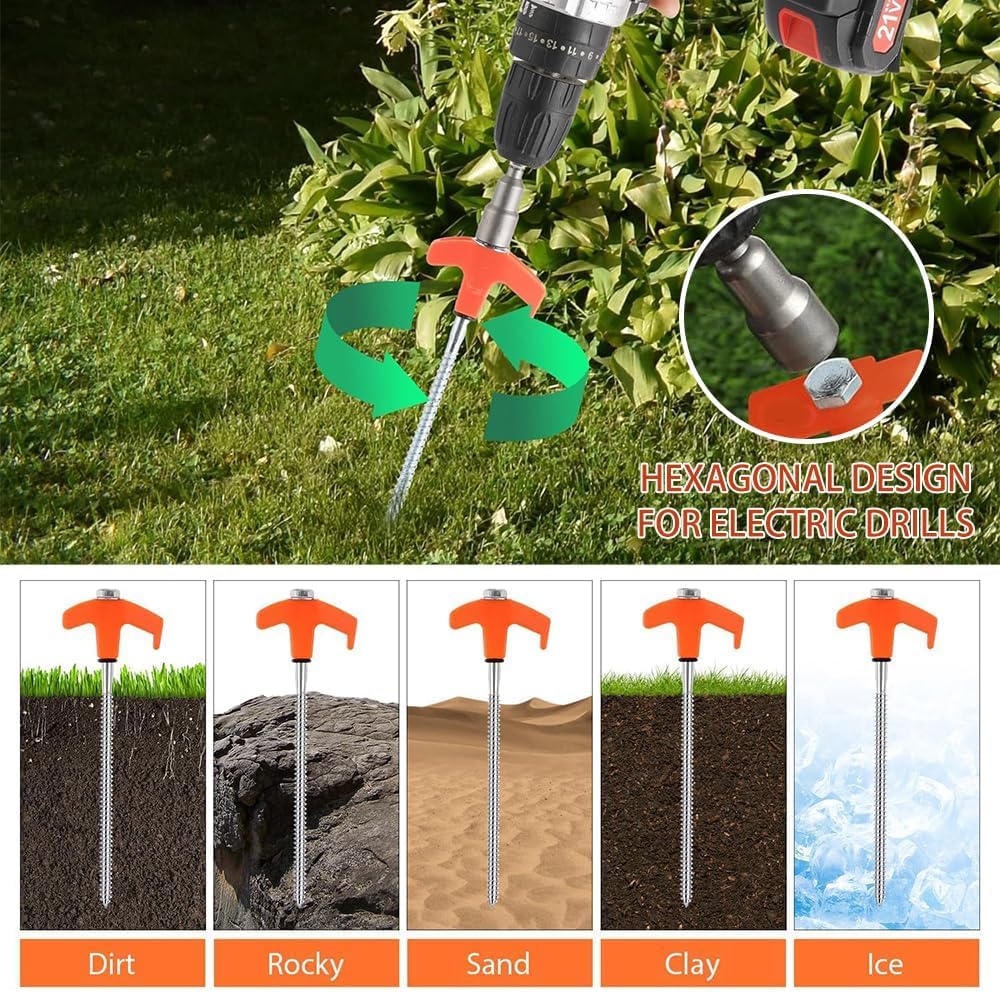 24 pieces of screw-in camping pegs, rotating tent pegs with threads, screw-in camping pegs, pegs earth nails sturdy for hard ground, forest, meadows, grass. Durable and strong.