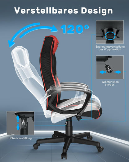 bigzzia Gaming Chair Computer Chair Ergonomic - Gamer Chair Office Chair with Height Adjustment Rocking Function Fixed Armrest for Adult Young Girls, Red