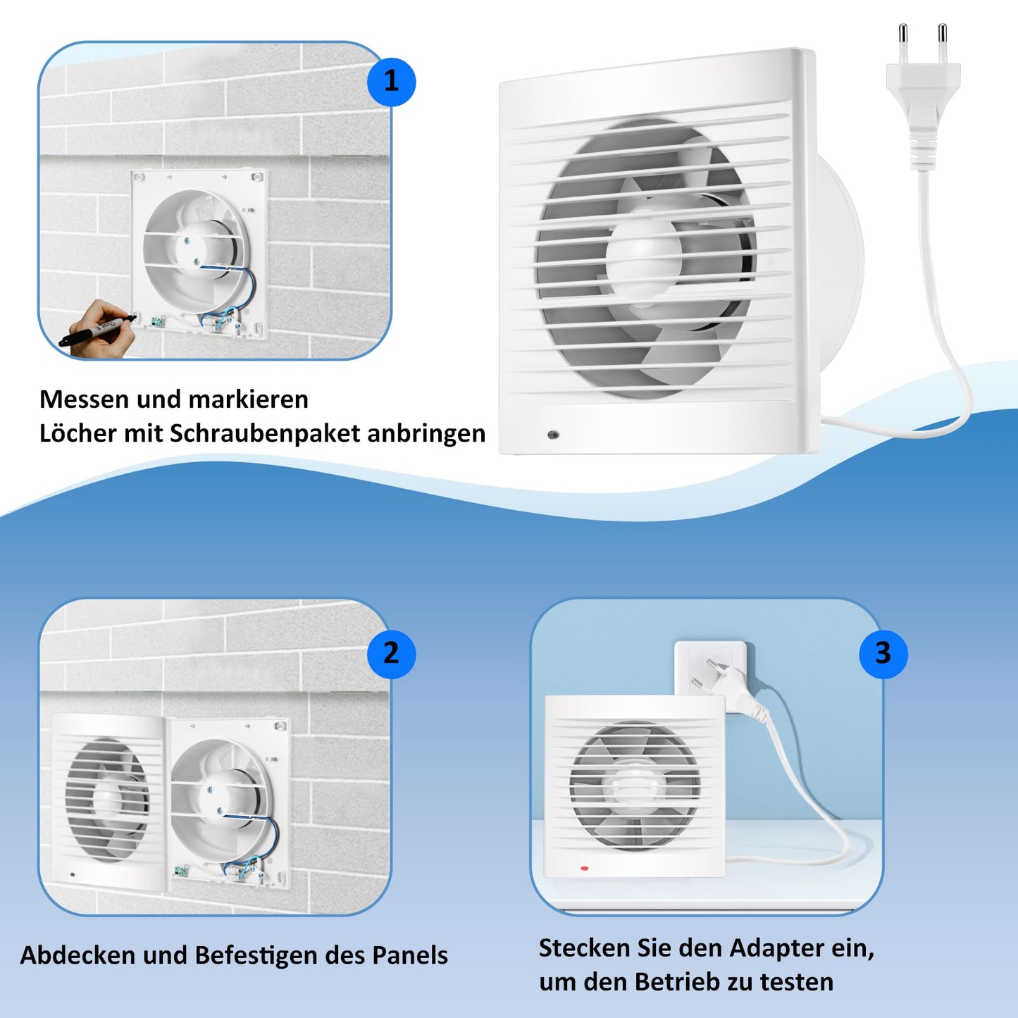 Moonjor 150mm exhaust fan for kitchen, 320m³/h IPX2 fan waterproof bathroom extractor with backdraft damper, 1m EU power cord for kitchen, bathroom, greenhouse, garage.