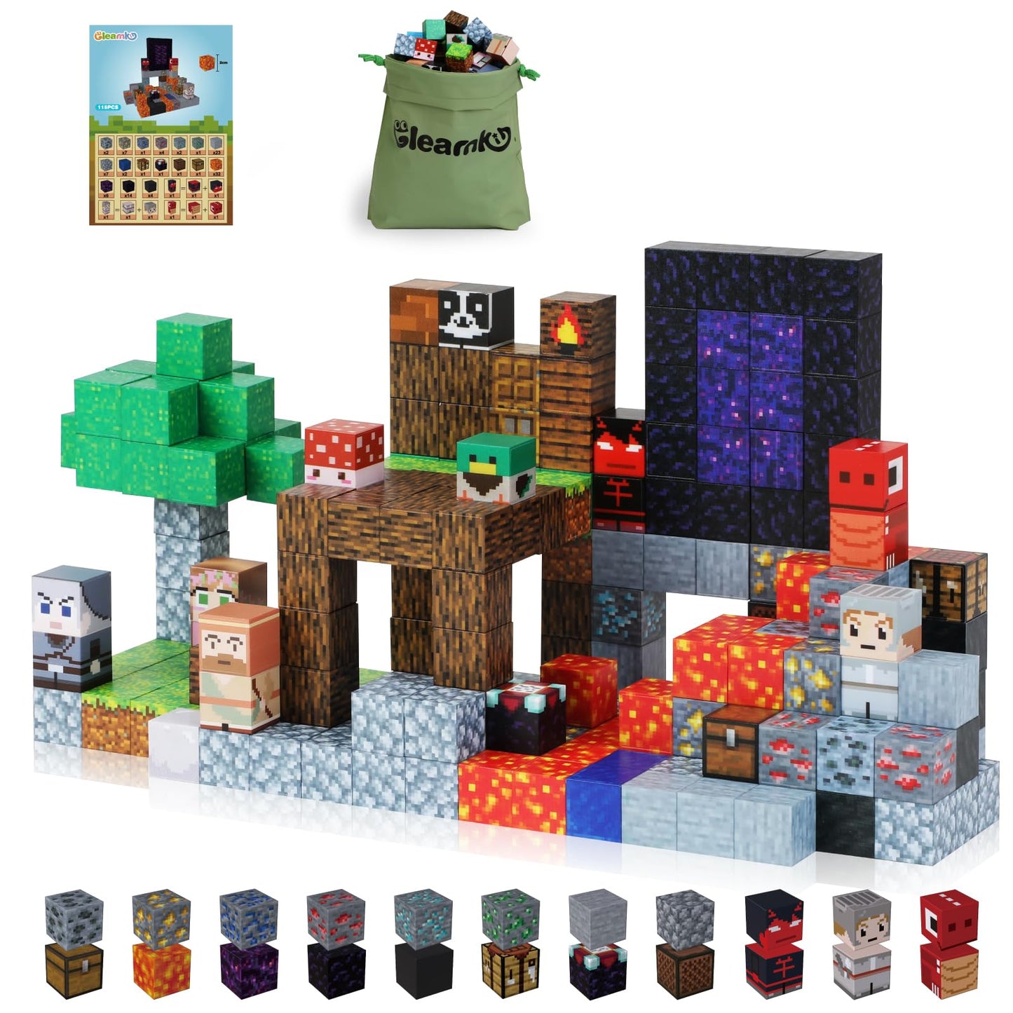 Gleamkid Magnetic Building Blocks, 115 Pieces Magnetic Blocks, Build Lava River, Volcano, Dinosaur World Adventure Block Game for Boys and Girls Ages 3+