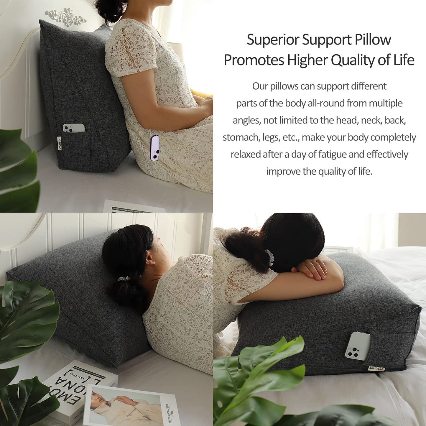 VERCART Back Cushion for Bed Wedge Reading Pillow Sofa, Modern Large Sofa Pillow Back Cushion Headboard Padded Wall Pillow, Wedge-shaped Couch Pillow Linen Anthracite Gray 60cm