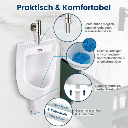 Plastic urinal with hose, urinal strainer & accessories - men's toilet set stand-up toilet, plastic wall pisuar for garden toilet house, camping, construction site - white PVC