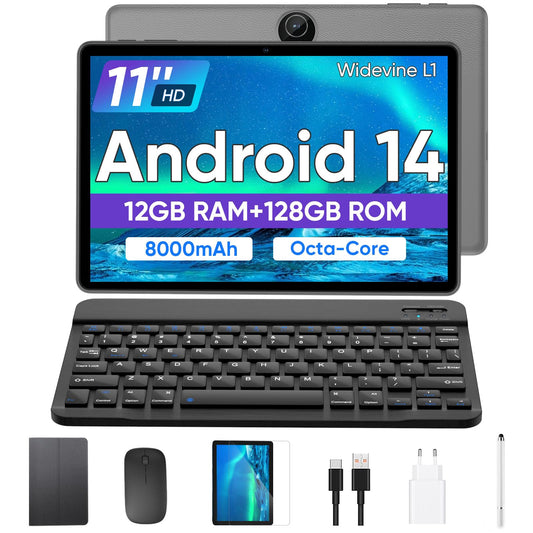 JIKOCXN 11-inch Android 14 tablet with keyboard, 12GB RAM+128GB ROM+1TB expansion, 1280x800 FHD touchscreen, 8000mAh battery, WiFi, Bluetooth 5.0, 5MP+8MP dual camera, GPS (Black)