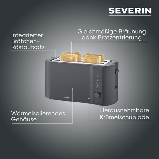 SEVERIN Long Slot Toaster, 4 slices with built-in bun warmer, 2 long slot toaster slots, various warming levels, 1,400 W, Matt Black, AT 2591