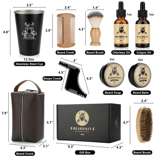 EXREIZST Beard Grooming Kit for Men, Beard Care Set with 2 Beard Oil Beard Balm Beard Comb Beard Brush Beard Stencils Mugs Travel Bag, suitable for birthday gifts for men Him Father Husband Brother Friend