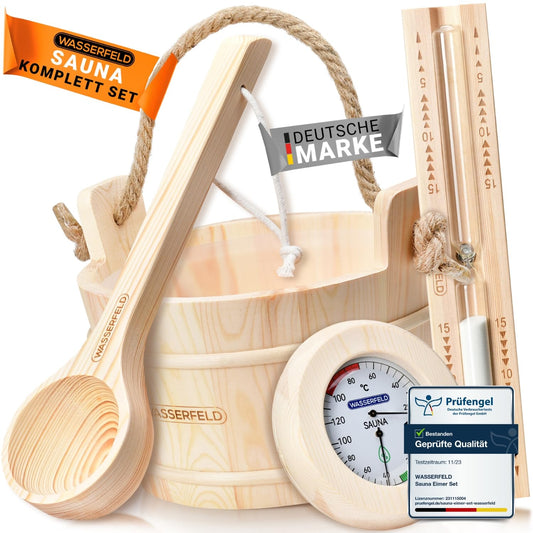 WASSERFELD® Sauna Bucket Set (4 liters) - High-quality sauna bucket with ladle, sand timer, thermometer, & hygrometer - Heat-resistant 4L sauna bucket with liner & hemp rope handle - Sauna accessories set