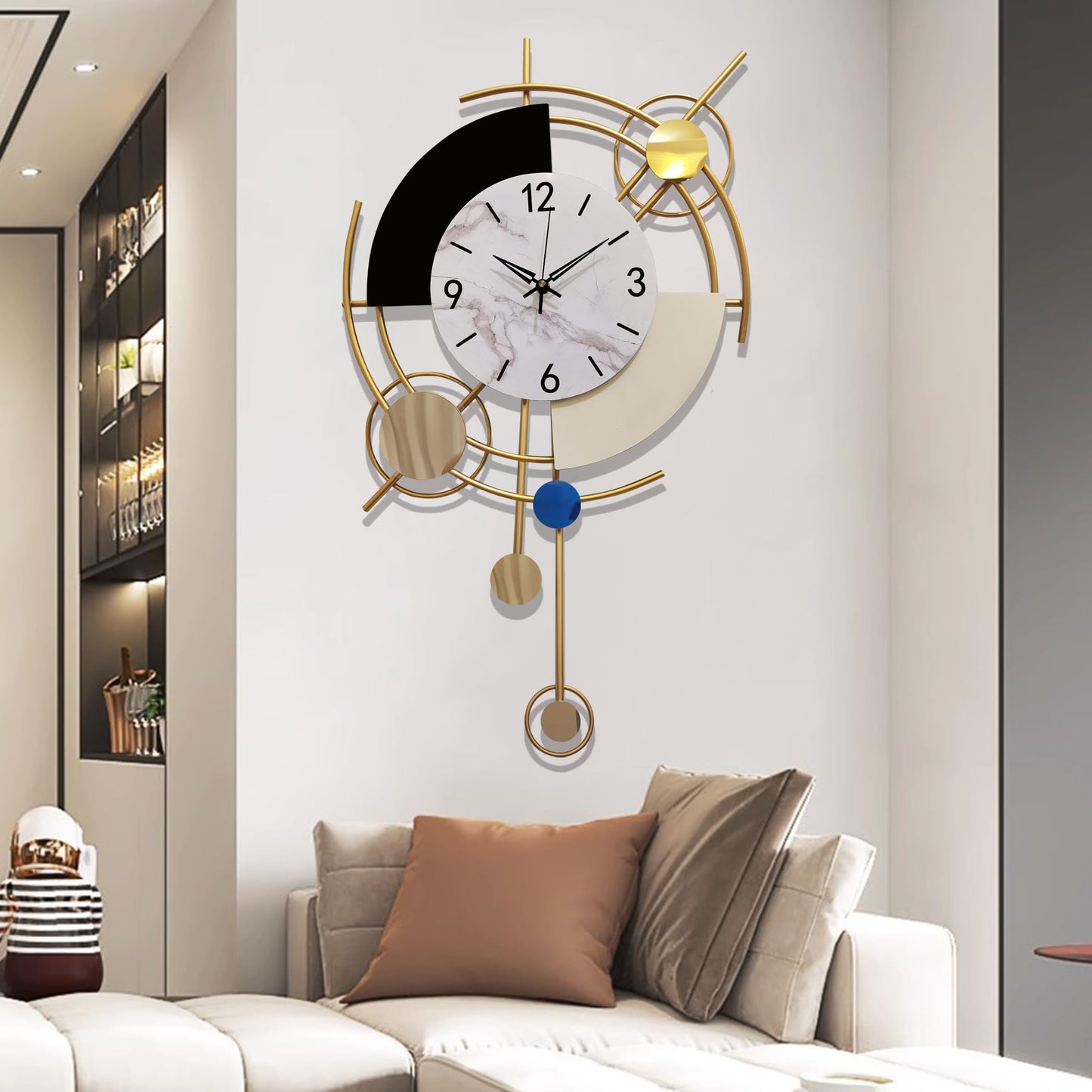 GERHWASH Large Wall Clock 70x42cm Silent - Modern design with Roman numerals, Black-Gold - Premium decoration for living room, bedroom & dining room wall clock